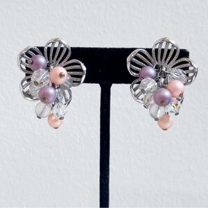 Vtg Park Lane Silver Tone Floral Faux Pearl Dangle Cip Earrings